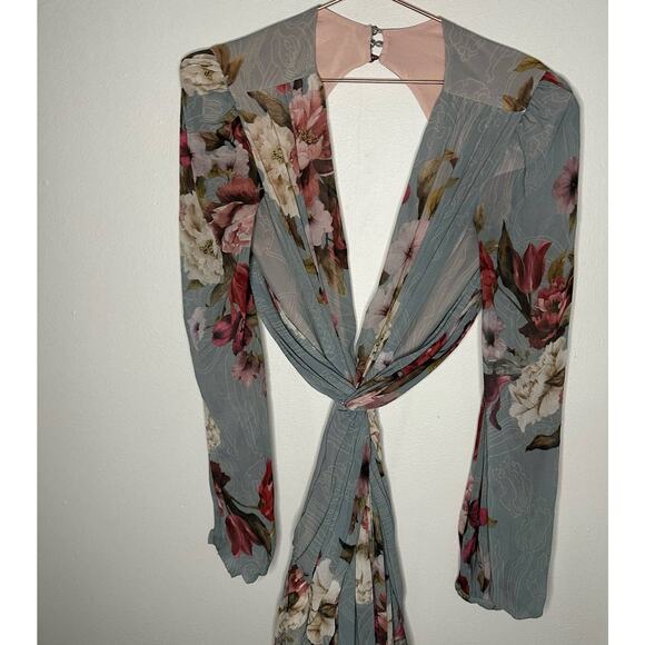 PatBo Peony Print Cutout Midi Crepe Long Sleeve Blue Pink Dress US Size 12 - Picture 6 of 16